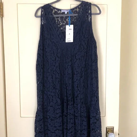 knee length dresses for ladies Navy Semi Sheer Solid Color 50s Party Lace Swing Dress, Navy / M main image 0